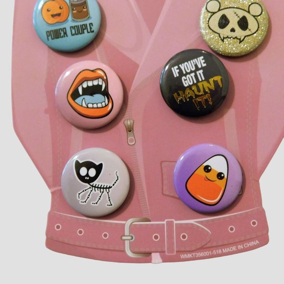Halloween Fashion Pins Set of 6 Fangs Candy Corn Lapel Hat Metal 1 in Round - Picture 2 of 5